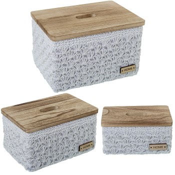 Set De 3 Caixas De Arrumação Em Tecido Branco C/tampa Madeira 35x26x21+31x21x16+25x15x12cm
