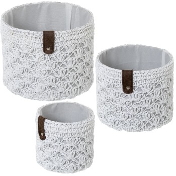 Set 3 Cestos De Arrumação Em Tecido Branco Ø23x18+ø19x16+ø14x13cm