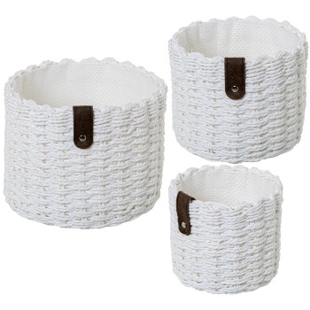 Set 3 Cestos De Arrumação Em Tecido Branco Ø23x18+ø19x16+ø14x13cm