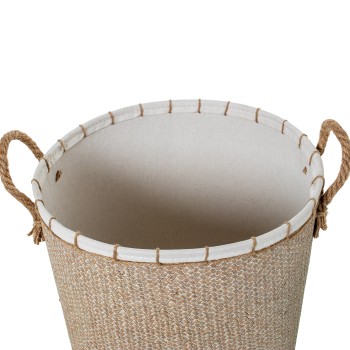 Set 2 Cestos Vime Natural E Tela Branca_ø40x53+ø36x48cm
