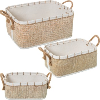 Set 3 Cestos Para Roupa Vime Natural E Tela Branca 40x30x18+33x23x14+28x18x12cm