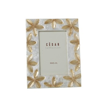 Cornice Portafoto In Madreperla Fiori Rilievo - Bicolore - 10x15cm- _ext:17x22x1cm