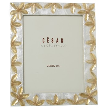 Cornice Portafoto In Madreperla Fiori Rilievo - Bicolore - 20x25cm- _ext:27x32x1cm